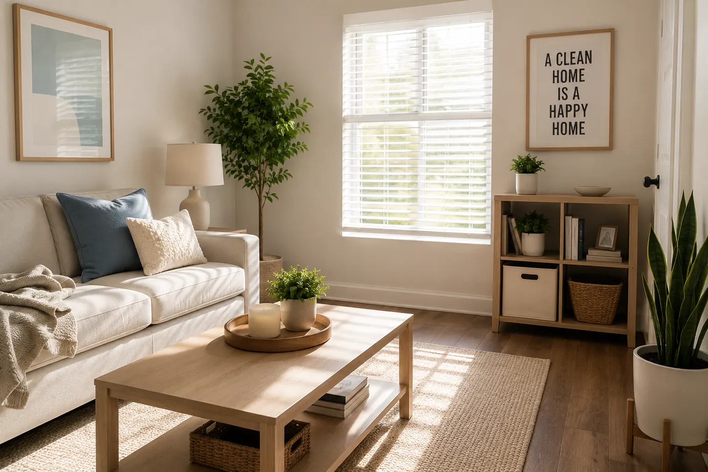 Living room of a Plano apartment with a cleaned coffee table, sofa and floor