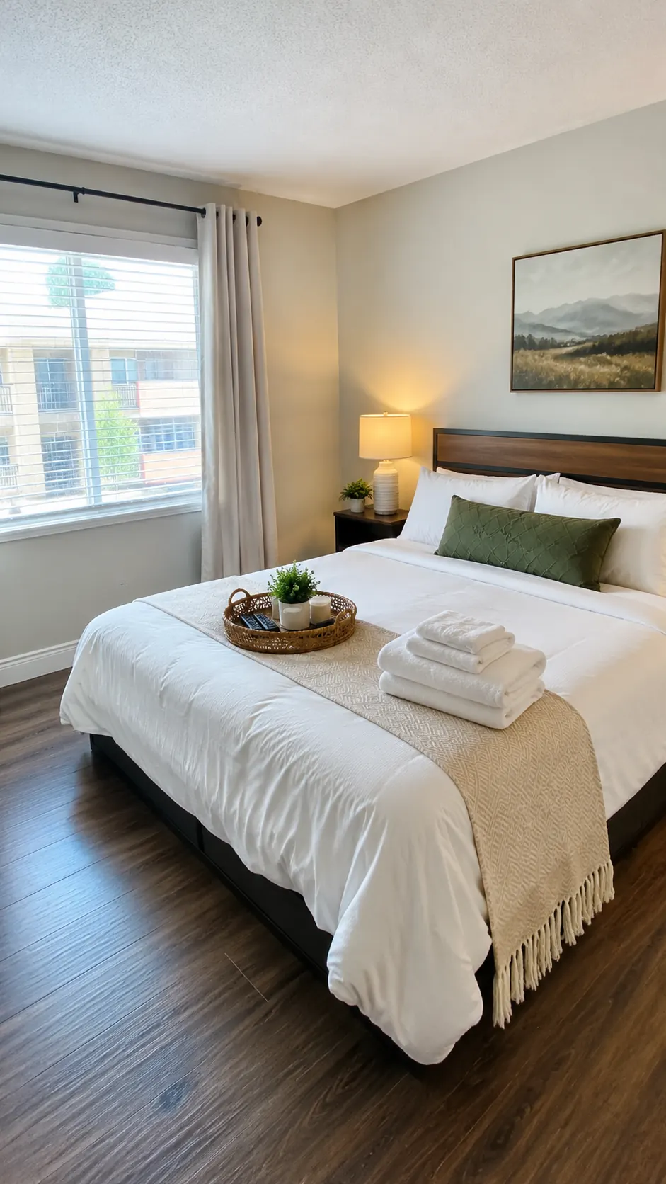 Guest bedroom in a Plano short-term rental with a made bed and folded towels laid out
