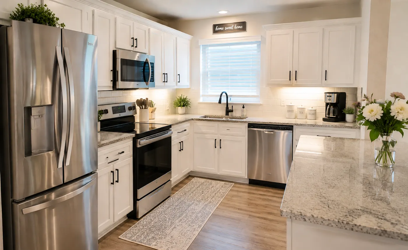 The same kitchen after cleaning, with clear counters, polished appliances and a cleaned floor