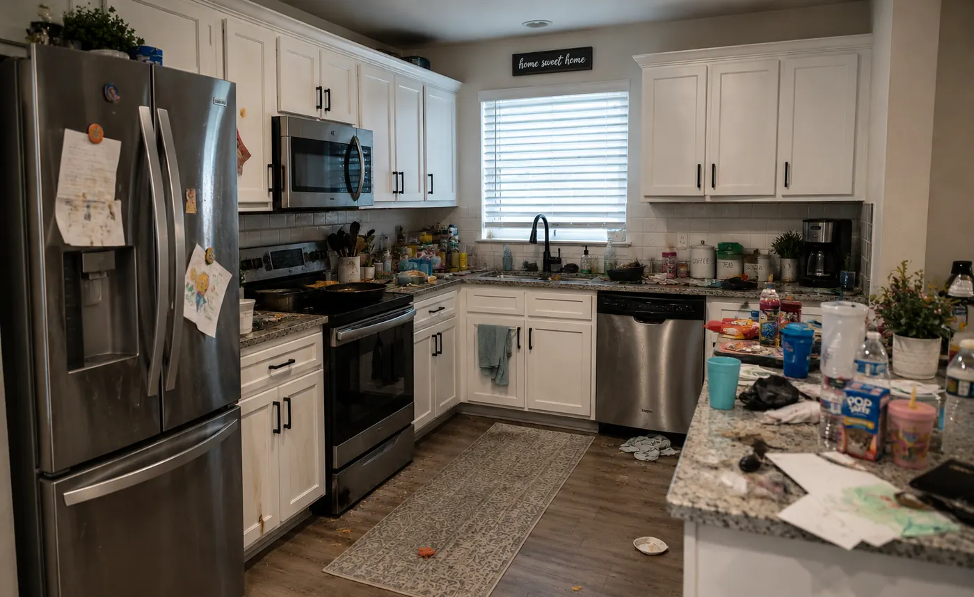 Cluttered kitchen before cleaning, with items across the counters and marks on the floor