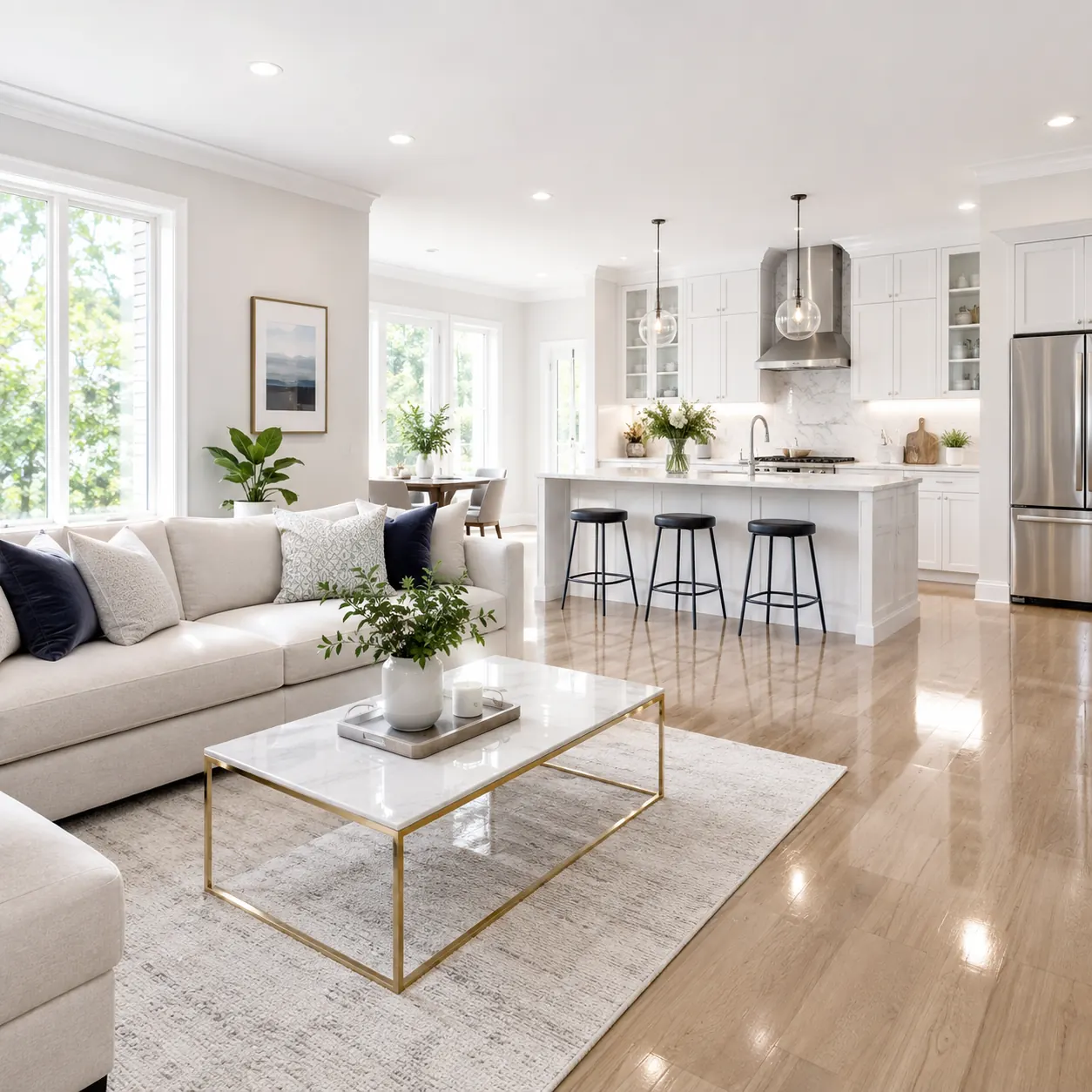 Open-plan living room and kitchen in a Plano home with clear, cleaned surfaces